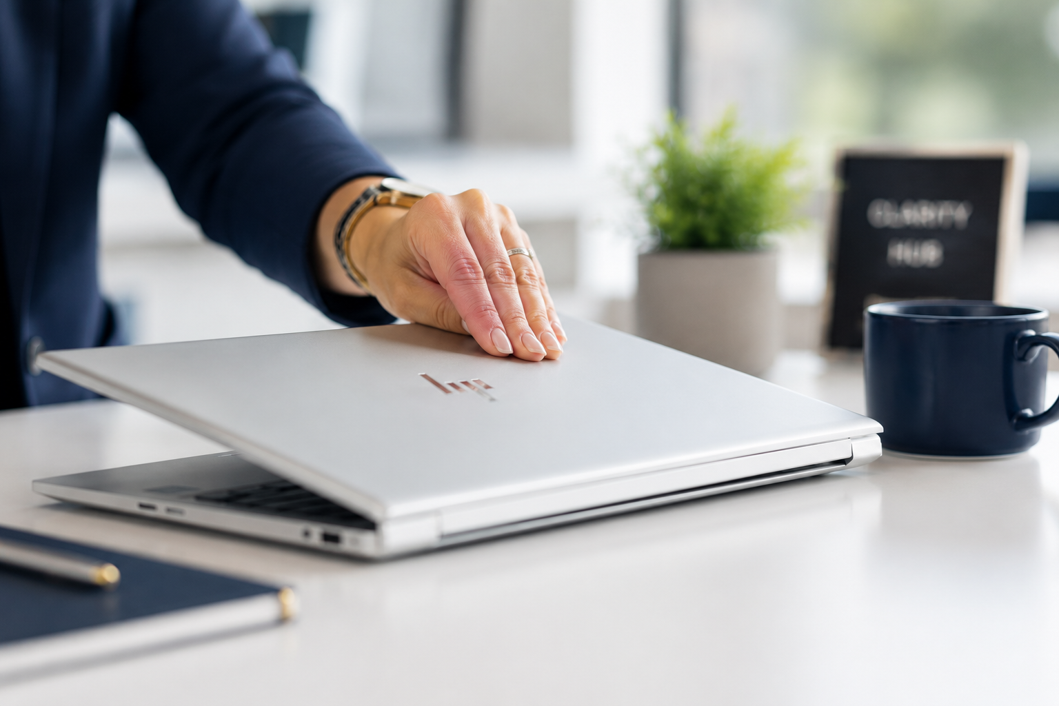 Hand closing silver laptop